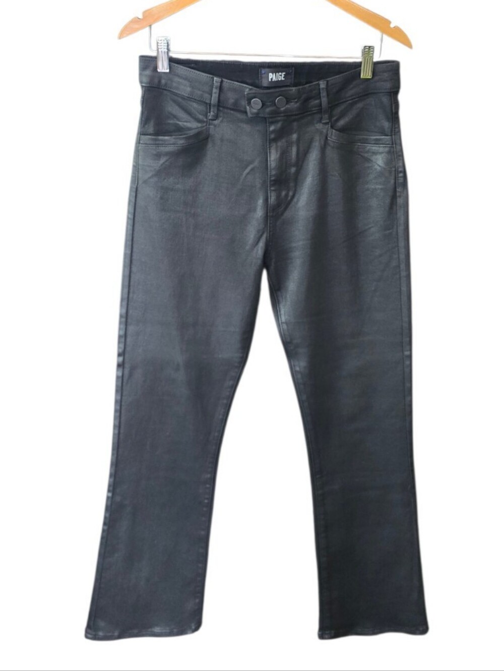Paige High Rise Straight Leg Wax Coated Black Jeans 30